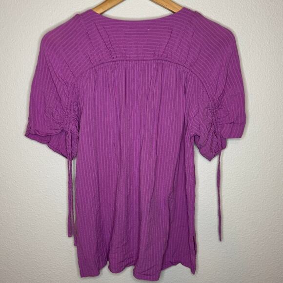 Loft Pink Seersucker Tie Back Yoke Top V-neck Cotton Blend Size Medium - Picture 6 of 7